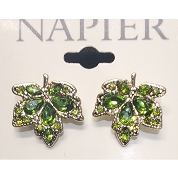 NEW Napier Gold Tone Autumn Spiced Green Leaf Jeweled Stud Earrings, Nickel Free - Picture 2 of 4